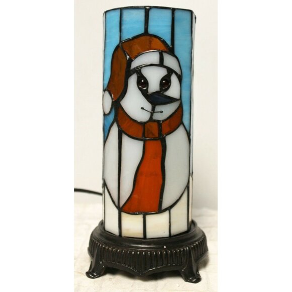 Stained Glass Snowman Lamp Blue White Scene Accent Christmas Hat Scarf Orange - Picture 2 of 8